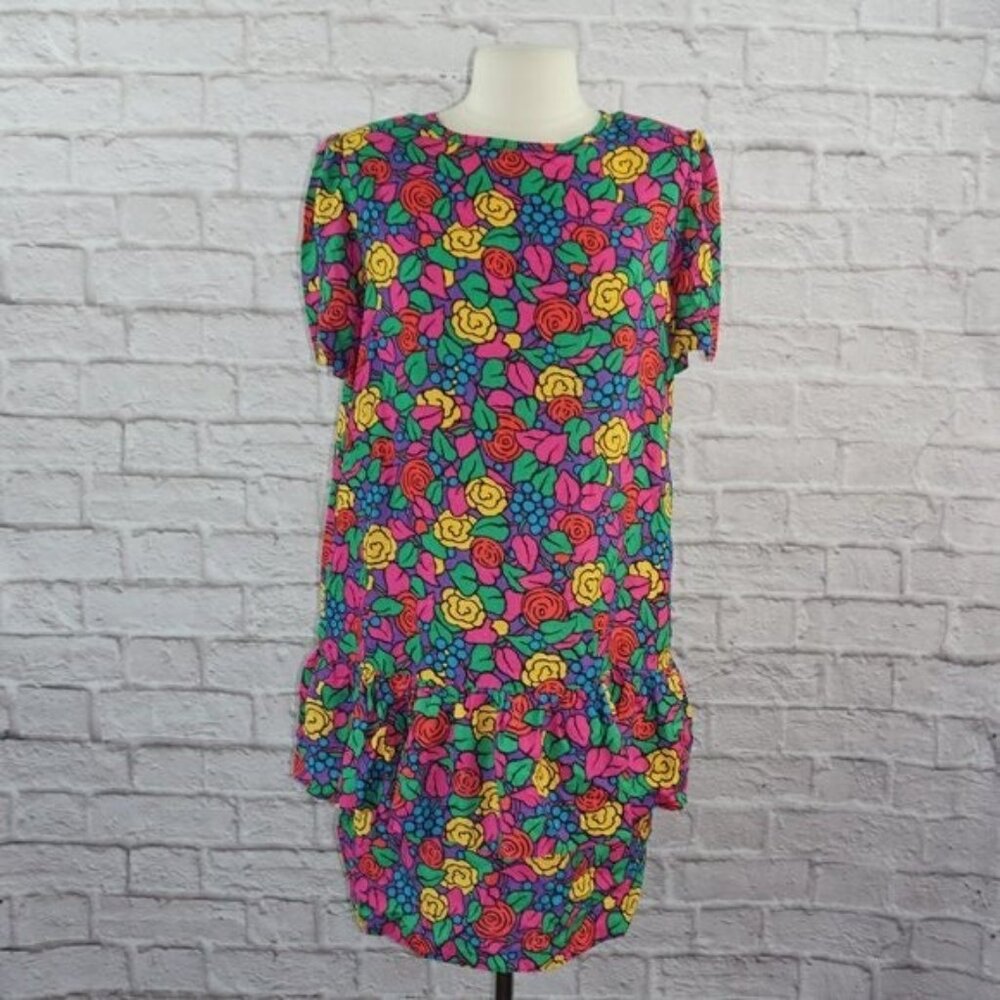 Vintage 80s John Matthews of California Floral Ruffle Tiered Dress Large - Picture 2 of 8